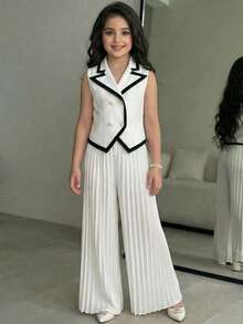 SHEIN 少女时尚撞色衬衫套装 - 白色 - 查看 3