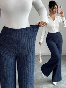 Elenzga 针织弹力休闲女裤，高腰修身优雅长裤，秋季新品 - 藏蓝色 - 查看 2