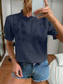 Easowa Women's Casual Embroidered Cotton White Shirt For Vacation - Navy Blue - View 5