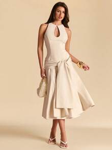 SHEIN BAE 杏色无袖开衩连衣裙，修身剪裁，适合婚礼宾客、海滩度假等场合，优雅连衣裙 - 杏色 - 查看 3