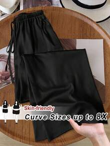 SHEIN CURVE+ 女士休闲亮面缎面低腰阔腿裤，适合简约休闲和通勤，春夏黑色长裤，曲线美，大码尺码 - 黑色 - 查看 8
