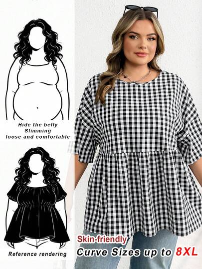 SHEIN CURVE+ Plus Size Women's Spring And Summer Fashion Casual Loose Comfortable Daily Versatile Slim Texture Fabric Yellow Short-Sleeved Blouse, Simple Style, Curve Cute Tops, Going Out Top, Women Blouse, European Summer, Ruffle Tops, Brunch For Womenfall Clothes For Women,Winter,CURVE PLUS