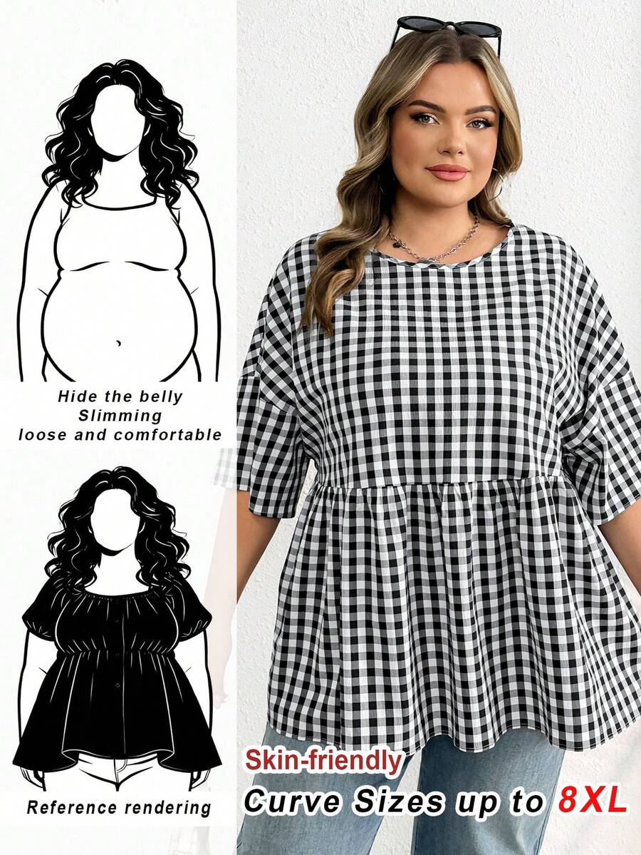 SHEIN CURVE+ 大码女装春夏时尚休闲宽松舒适日常百搭修身面料黄色短袖衬衫，简约风格，凸显曲线，可爱上衣，外出上衣，女士衬衫，欧洲夏季，荷叶边上衣，女士早午餐秋季服装，冬季，CURVE PLUS - 黑與白 - 查看 1