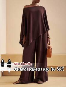 SHEIN CURVE+ Curve 尺码 US22 音乐节、海滨度假、波西米亚风女装两件套：纯色不对称肩部上衣和宽松长裤 - 棕色 - 查看 8