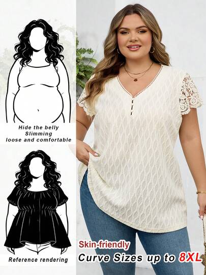 SHEIN CURVE+ Curve Size US22Music Festival, Seaside Vacation, Bohemia Women Summer T-Shirt, Elegant Tops, White T-Shirt, Jacquard Knit T-Shirt, Contrast Lace T-Shirt, Going Out Tops