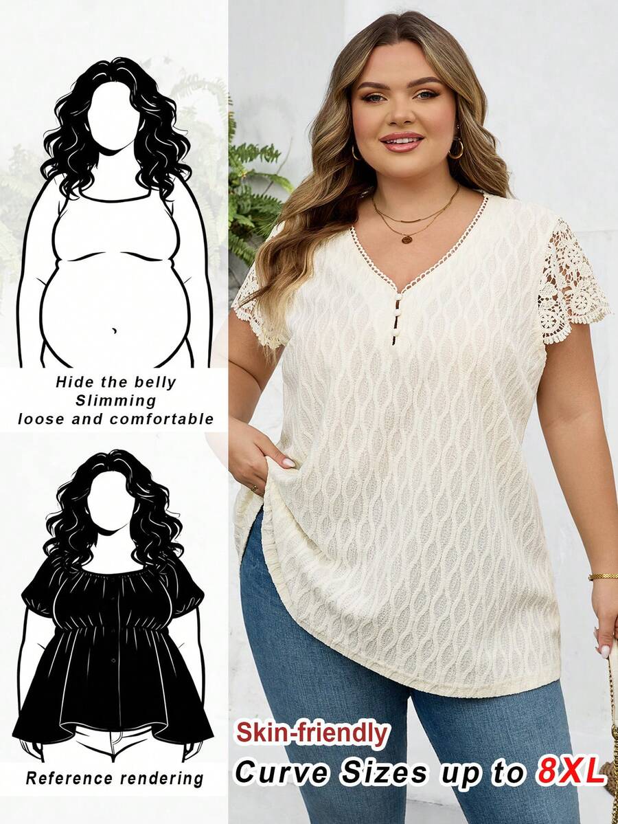 SHEIN CURVE+ Curve 尺码 US22 音乐节、海滨度假、波西米亚风女士夏季T恤、优雅上衣、白色T恤、提花针织T恤、撞色蕾丝T恤