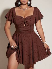 Viva Relle 大码提花荷叶袖度假连衣裙 - 棕色 - 查看 2