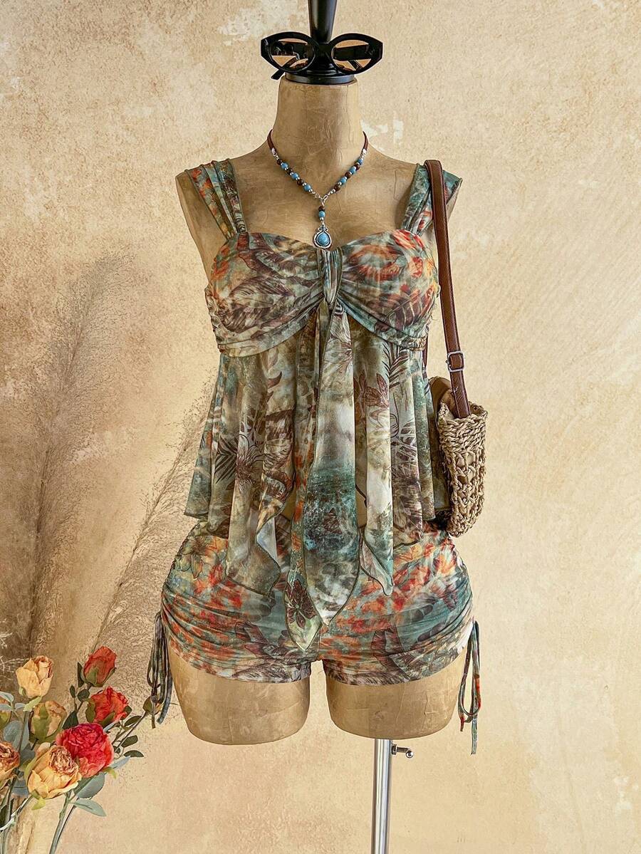Soleia 女士复古无袖荷叶边露脐上衣和短裤两件套,夏季时尚 - 彩色 - 查看 1