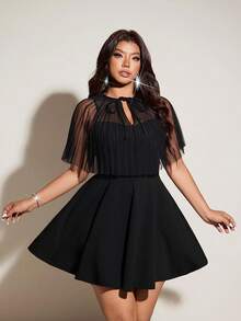 Viva Relle Black Sexy Dress, Pleated Sheer Mesh Patchwork Waist Cinched Dress, Suitable For Dates, New Year, Halloween, Plus Size - Black - View 5