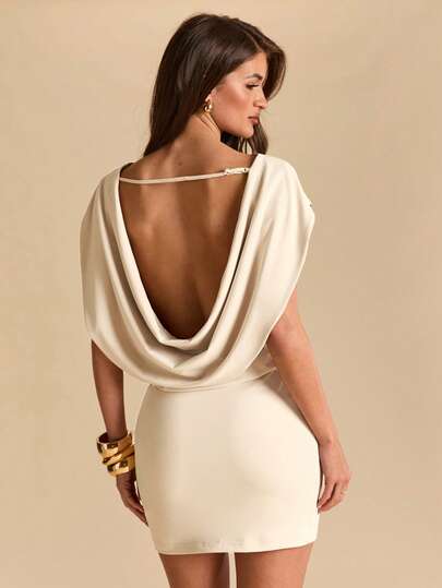 SHEIN BAE Women's Solid Color Asymmetrical Shoulder Backless Draped Neck Fitted Mini Dress, Elegant Beach Vacation Outfit