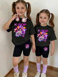 女童休闲卡通印花T恤套装 - 彩色 - 查看 1