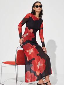 Aveloria Modichic New Arrival Fitted Sexy Elegant Lady-Like Round Neck Floral Print Elastic Mesh Long Sleeve Dress - Multicolor - View 6