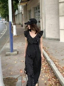 K-Vae Ruffled Short Sleeve Backless Vintage Polka Dot Dress - Black - View 6