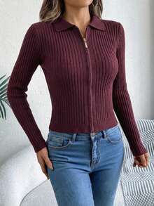 Sueter mujer básico tejido de punto canale manga larga cuello camisero cremallera frontal elegante cómodo casual moderno suave versátil otoño invierno para diario o para trabajo - Vino - Ver 4