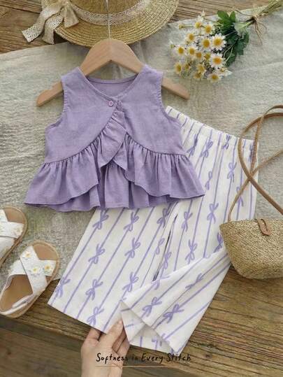 Cozy Pixies 2pcs Baby Girl Solid Color Round Neck Ruffle Sleeveless Top And Elastic Waist Pants Set