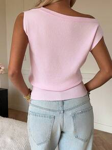 SHEIN EZwear Casual Solid Color Asymmetric Collar Sweater, Spring/Summer - Pink - View 2