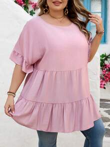 SHEIN CURVE+ Blusa retro de rayas casual de estilo bohemio para mujeres de talla grande, adecuada para festivales de música, vacaciones en la playa, apropiada para vacaciones en la playa - Rosa - Ver 4
