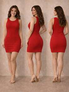 Paquete 3 Vestidos Cortos Ajustados Mujer Tela Acanalada Sin Mangas Cuello Redondo Realza Figura Básico Casual Cómodo - Rojo, Blanco y Negro - Ver 3