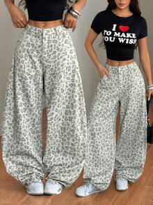 Muchica Jeans casuales de ajuste holgado con bolsillo y estampado de leopardo para mujer - Multicolor - Ver 2