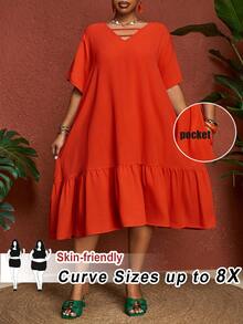 SHEIN CURVE+ 大码女式纯色短袖荷叶边A字宽松休闲连衣裙 - 橘色 - 查看 9