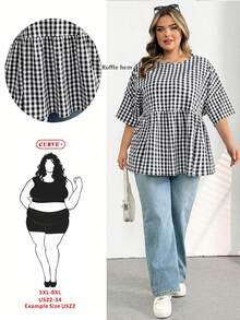 SHEIN CURVE+ 大码女装春夏时尚休闲宽松舒适日常百搭修身面料黄色短袖衬衫，简约风格，凸显曲线，可爱上衣，外出上衣，女士衬衫，欧洲夏季，荷叶边上衣，女士早午餐秋季服装，冬季，CURVE PLUS - 黑與白 - 查看 8