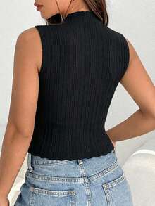 Top de punto acanalado para mujer, sin mangas, cuello alto, ajuste ceñido, tejido elástico, blusa casual ideal para outfits frescos y modernos - Negro - Ver 2