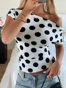 SHEIN EZwear 白色底波点女士露肩紧身T恤 - 黑與白 - 查看 3