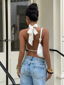 Siren Gaze 缎面露背吊带背心，优雅女士夏季款 - 米色 - 查看 2