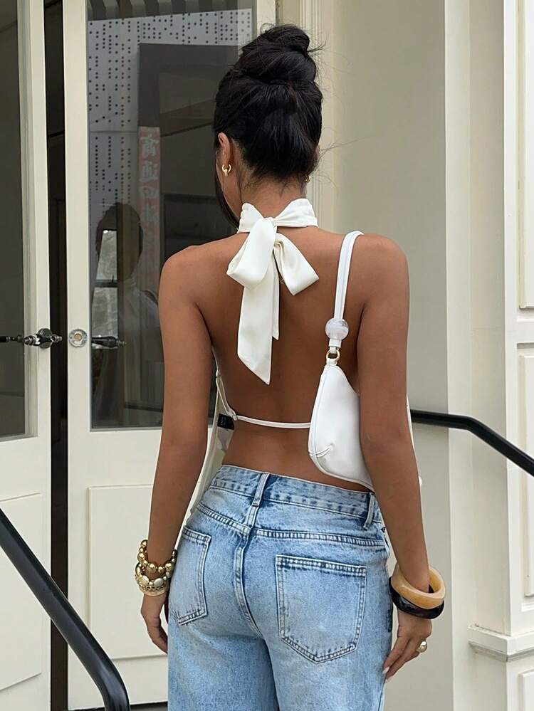 Women's White Satin Halter Neck High Neck Open Back Top, Asymmetrical Hem Elegant Going Out Blouse, Summer Halter Neck Tops For Women Tops For Women Summer Cute Latest Tops For Women New Arrivals Asymetrical Tops For Women - Beige - View 2