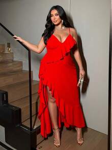NU&NOW Vestido de fiesta rojo de talla grande con tirantes finos, abertura alta y dobladillo con volantes - Rojo - Ver 4
