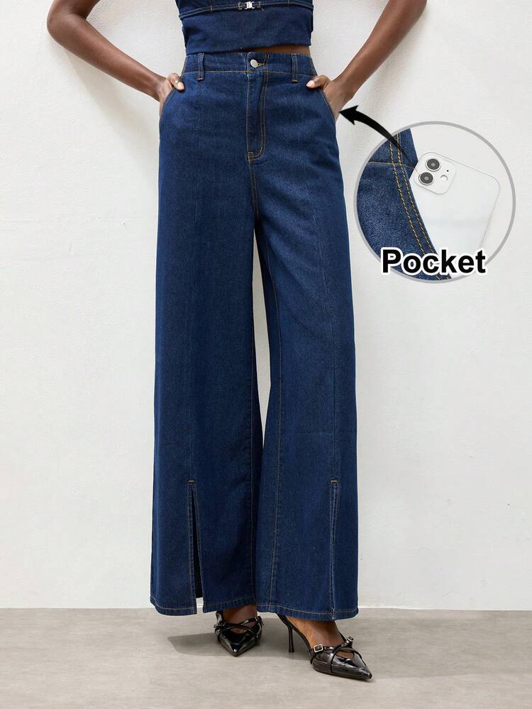 SHEIN Maija Elegant Women's Jeans, Mid-Rise A-Line Style, Split-Hem Pants, Perfect For Summer Work Attire, Includes Pockets.