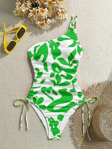 Vivid Eden Women's One-Piece Swimsuit With All-Over Print, Twist Design And Ruffle, Suitable For Beach Vacation, Pool Party, Beach Party - Green - View 1
