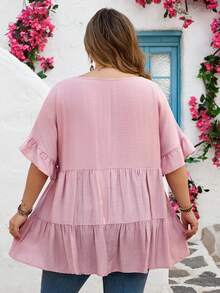 SHEIN CURVE+ Blusa retro de rayas casual de estilo bohemio para mujeres de talla grande, adecuada para festivales de música, vacaciones en la playa, apropiada para vacaciones en la playa - Rosa - Ver 2