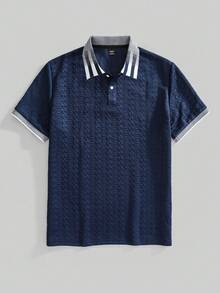 Manfinity CasualCool Men's Casual Commuter Jacquard Textured Ribbed Polo Shirt, Summer - Royal Blue - View 4