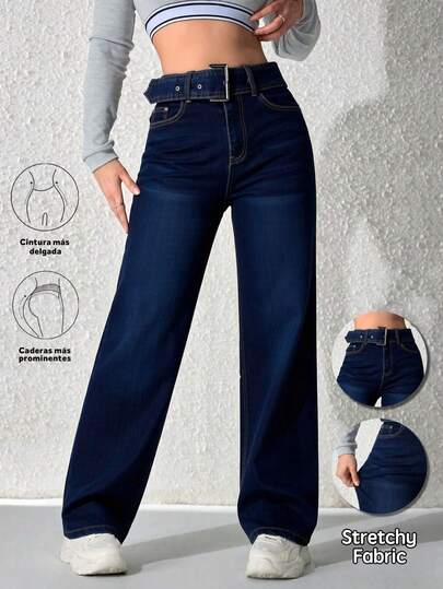 Jeans Rectos de Alta Elasticidad de Cintura Media de Color Azul Oscuro para Mujer, Pantalones que Levantan las Nalgas