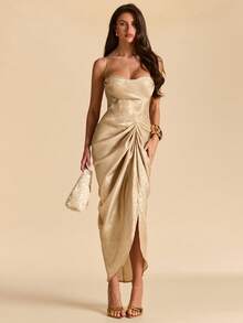 SHEIN BAE Gaun Elegan Model Halter Satin Emas Polos dengan Belahan Tinggi, Gaun Mini untuk Pesta/Acara Formal, Cocok untuk Pesta, Pertemuan, Acara Formal, dan Acara Panjang. - Emas - View 7