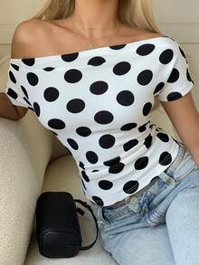 SHEIN EZwear 白色底波点女士露肩紧身T恤 - 黑與白 - 查看 6