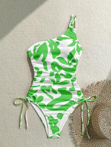 Vivid Eden Women's One-Piece Swimsuit With All-Over Print, Twist Design And Ruffle, Suitable For Beach Vacation, Pool Party, Beach Party - Green - View 4