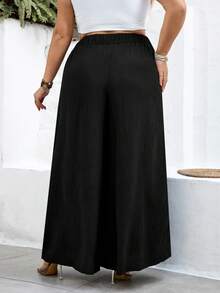 SHEIN CURVE+ Curve 尺码 US22 音乐节、海滨度假、波西米亚风女士高腰宽松纯黑色阔腿裤，带侧袋 - 黑色 - 查看 2