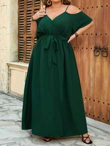 SHEIN CURVE+ Curve 尺码 US22 音乐节、海滨度假、波西米亚风女士夏季休闲度假风纯色露肩高开衩腰带连衣裙 - 墨綠色 - 查看 6