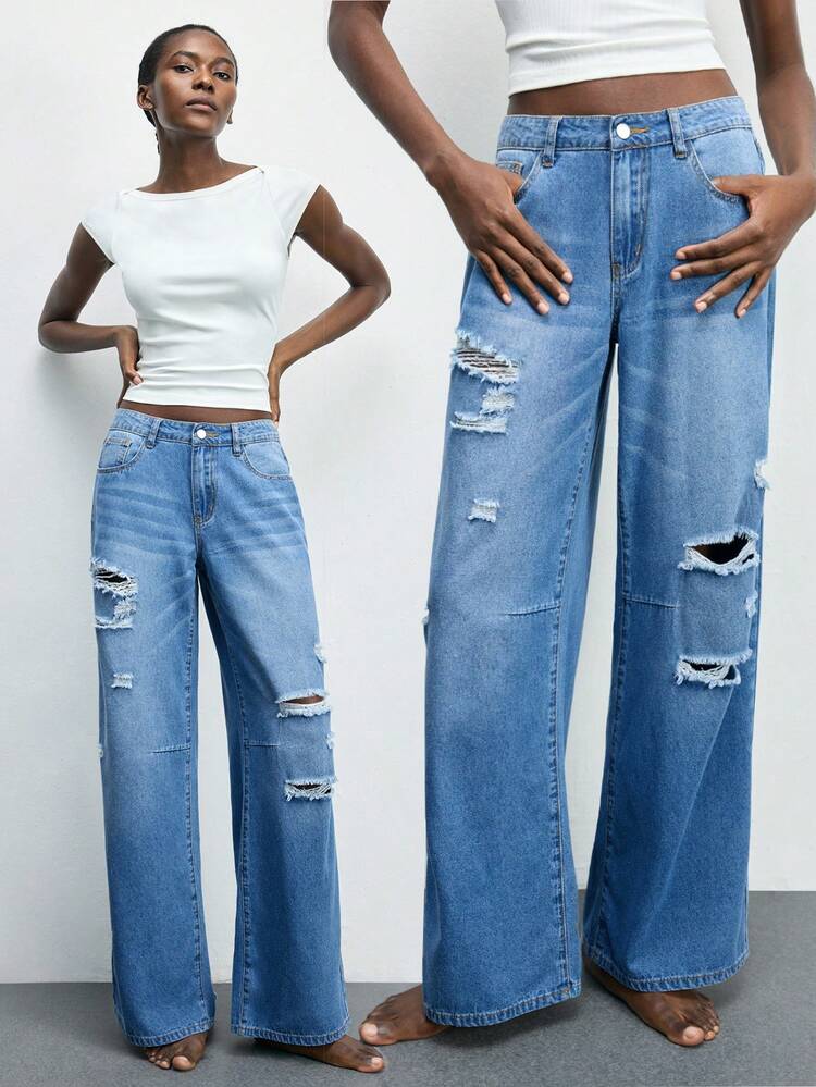 SHEIN Maija Women's Casual Fashion Street Chic Daily Commute Distressed Loose Wide-Leg Jeans