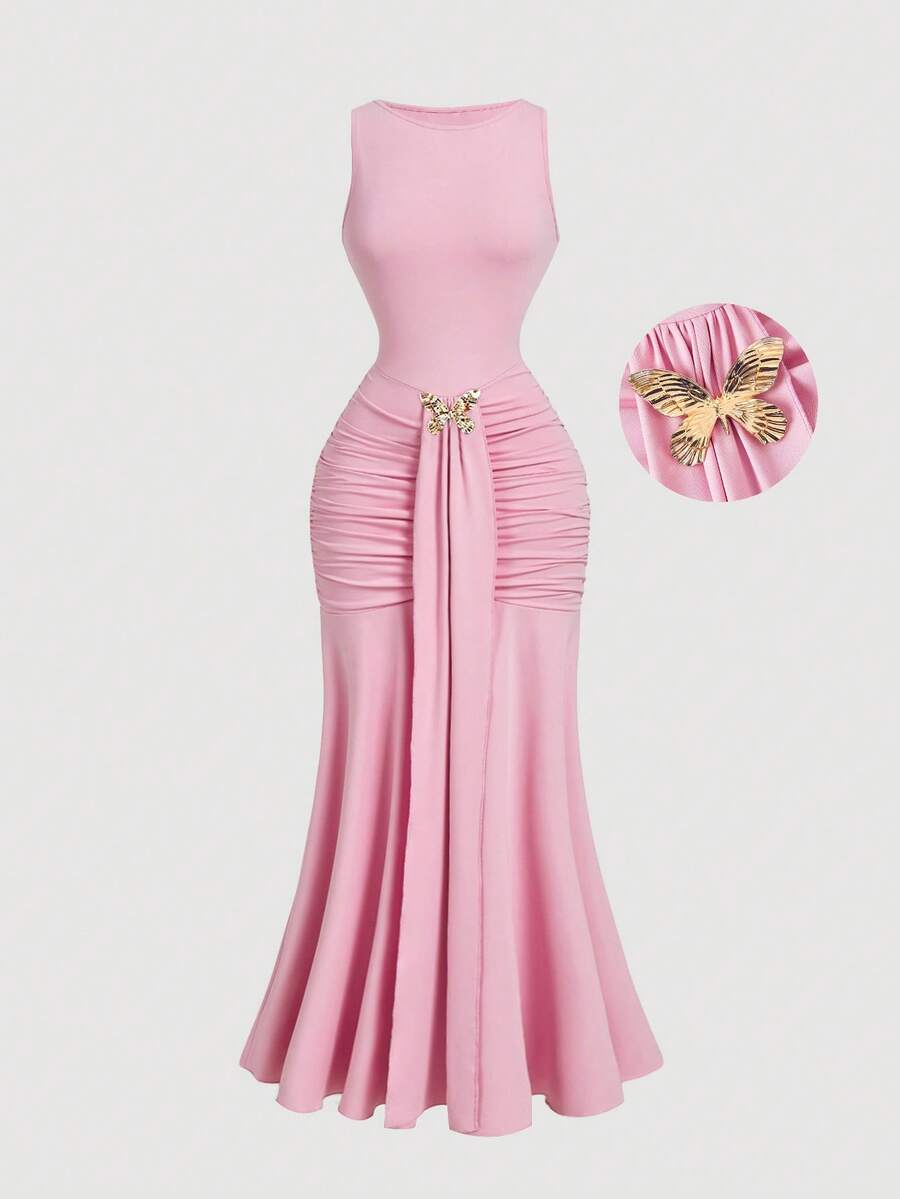 SHEIN MOD 女士棕色褶皱连衣裙，秋季女装，万圣节连衣裙，婚礼派对连衣裙，优雅女装，正式连衣裙，连衣裙，冬季连衣裙，派对连衣裙，感恩节服装，万圣节服装 - 粉色 - 查看 1