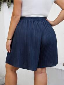 SHEIN CURVE+ Plus Size Curve US22Music Festival, Seaside Vacation, Bohemia Women Casual Plain Loose Shorts Navy Blue Summer Wide Leg Shorts,Holiday For - Blue - View 3