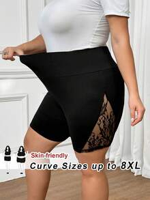 SHEIN CURVE+ Quần short ren phối màu cạp chun cho nữ cỡ lớn, trang phục mùa thu cho nữ, CURVE PLUS - màu đen - Xem 11