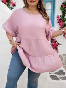 SHEIN CURVE+ Blusa retro de rayas casual de estilo bohemio para mujeres de talla grande, adecuada para festivales de música, vacaciones en la playa, apropiada para vacaciones en la playa - Rosa - Ver 6