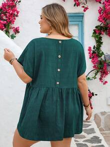 SHEIN CURVE+ Curve 尺码 US22 音乐节、海滨度假、波西米亚风夏季休闲纯色纹理蝙蝠袖衬衫 - 綠色 - 查看 2