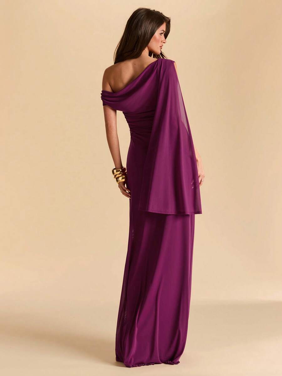 SHEIN BAE Asymmetric Ruched Asymmetrical Shoulder Bodycon Mermaid Dress In Eggplant Purple Rose, Mesh Dress For Vacation And Beach - Rose Red - View 1