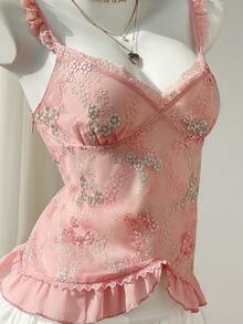 Elamini Áo hai dây ren lưới thêu họa tiết ngọt ngào dành cho nữ, áo kiểu gợi cảm cho kỳ nghỉ hè. - Hồng - Xem 3