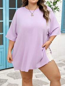 SHEIN CURVE+ Curve Size US22Music Festival, Seaside Vacation, Bohemia Women's Spring And Summer Fashion Casual Loose Comfortable Basic Daily Black Hem Split Short-Sleeved T-Shirt,Simlpe Style,Going Out Tops, T Shirt,Airport Outfit For Women,European Summer/Autumn /Winter, Summer Tops - Mauve Purple - View 9