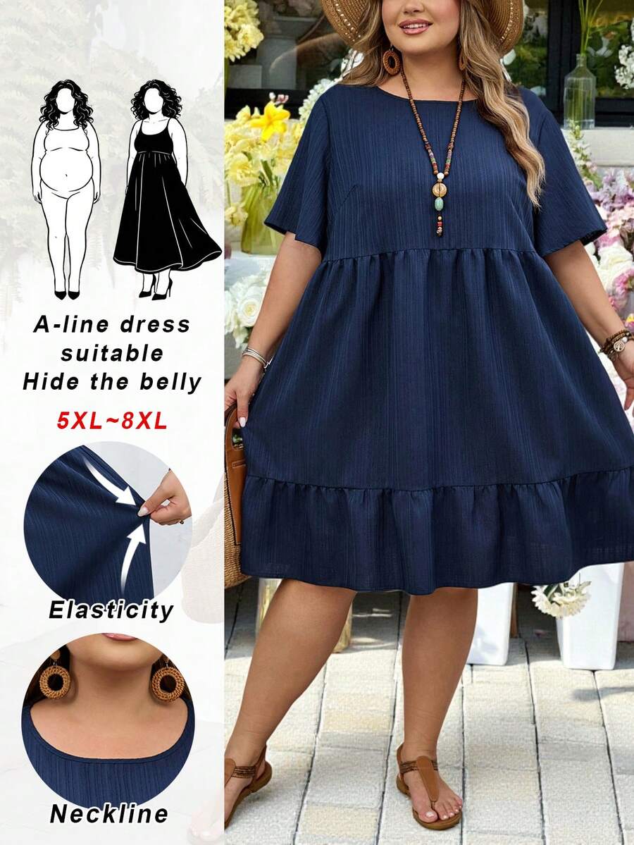 SHEIN CURVE+ Curve Size US22Music Festival, Seaside Vacation, Bohemia Vacation Casual Solid Color Short Sleeve Dress, Summer Outfits For Women, Easter Dress Women, Bohemia, Rave Outfits, Easter Outfit Curve, Country Concert Outfit, Summer Dresses - Navy Blue - View 1